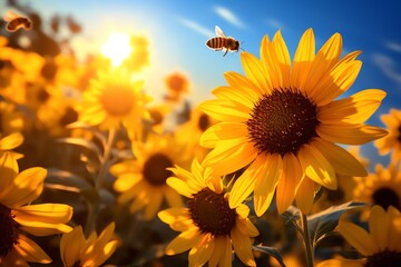 Obraz premium Sunlit field of bright sunflowers, bees buzzing gently, under a clear blue sky, ideal for summer vibes