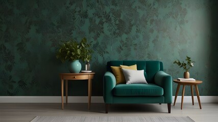Chair and turquoise sofa in green living room interior with leaves wallpaper and table. Real photo Generative AI