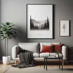 A living room with a template mockup poster empty white and with a couch and a picture on the wall image attractive lively.