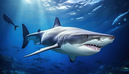 Obraz premium Great white shark in the ocean, portrait of White shark hunting prey in the underwater