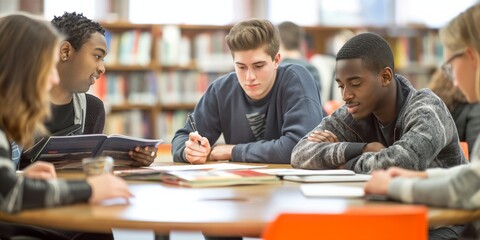 Diverse group of focused students engage in a collaborative study session in a library