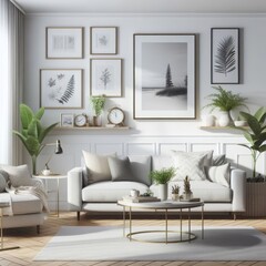 A living room with a template mockup poster empty white and with couches and plants art photo lively.