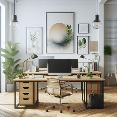 A desk with a computer and a chair in front of a wall with plants image art realistic photo photo.