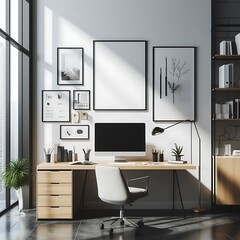 A desk with a computer and a chair in front of a window image art photo harmony.