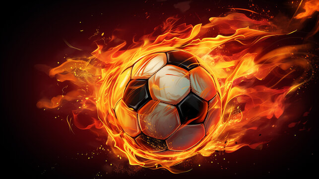 Illustration of a fiery soccer ball engulfed in flames as it finds the net 