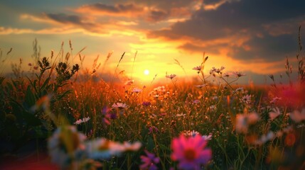 Beautiful summer scene Field of flowers at sunset