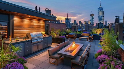 Beautiful rooftop garden with colorful flowers, seating area and barbecue station in New York City...