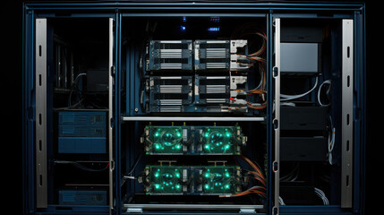 The image shows a server rack with multiple servers and network switches. The servers are lit up with green and blue lights.
