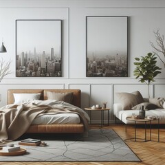 Bedroom sets have template mockup poster empty white with Bedroom interior and a couch image realistic harmony lively card design.