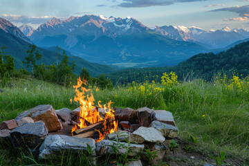 Fire pit with flame surrounded by stones in mountains