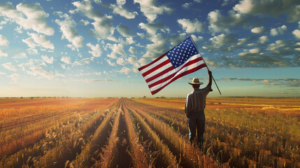  A farmer holding the American flag against the backdrop of a vast field of crops, representing the hard work and perseverance of rural America