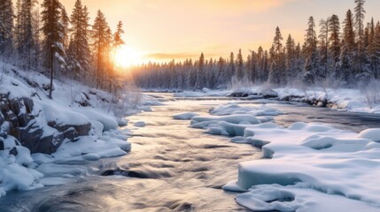 Fototapeta premium beautiful natural scenery in winter. The setting sun provides a backdrop that casts light on the flowing river and the snowy trees stand on both sides of the river