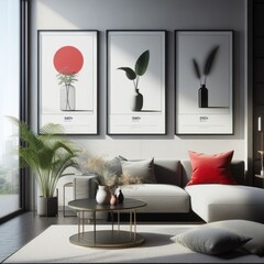 A living room with a template mockup poster empty white and with a couch and a coffee table image realistic photo photo.