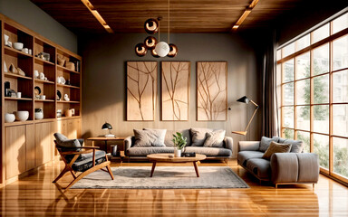 a Japandi-inspired minimalist living room. The modern space features clean lines, neutral tones, and natural materials,