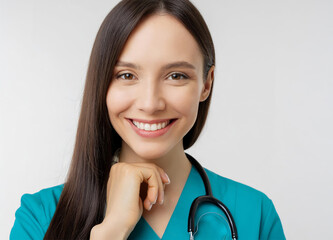 Close up photo of a young female doctor face on white background