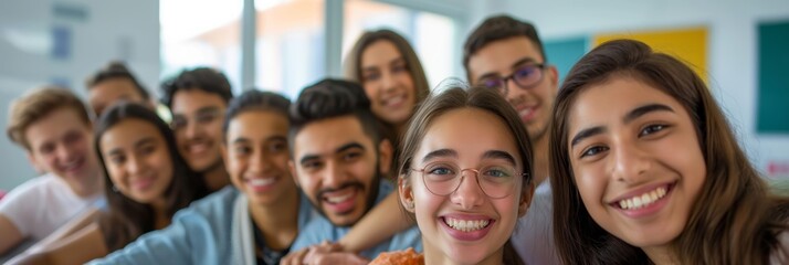 Obraz premium Group of happy, diverse students taking a selfie, signaling friendship and community