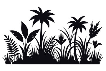 Tropical Plant And Grass In Silhouette Vector