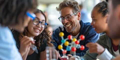 Engaged students with a smiling teacher examining a molecular structure model during a science class
