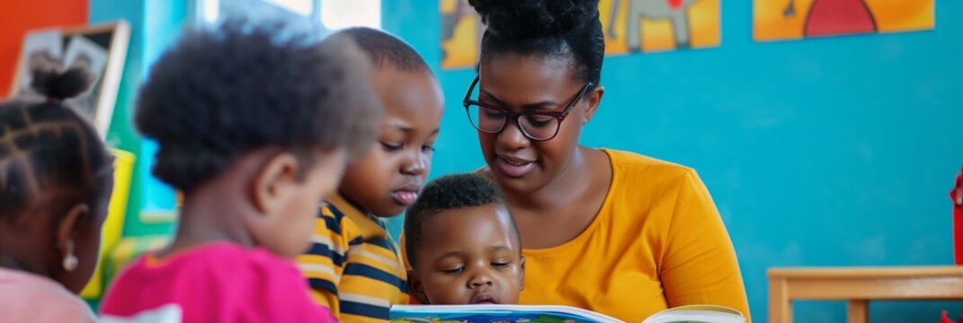 Caring teacher in a vibrant classroom reading a storybook to a group of diverse young children captivated by the tale - Powered by Adobe