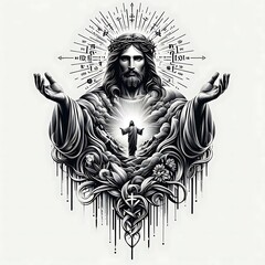 A drawing of a jesus christ with his hands up image realistic harmony card design illustrator.