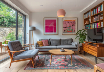 an open plan living room in London, with white walls and a pink and grey sofa, a wooden bookcase on the left side, a light wood floor, a big window to the garden, a TV on the wall
