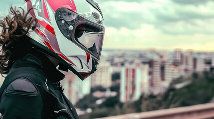 Close-up photo of a biker man in a helmet. Helmeted warrior ready for the ride.