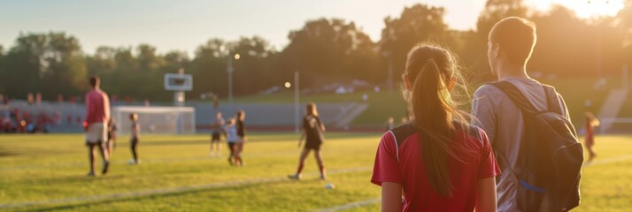 People watching a soccer game during sunset, capturing the community and sports spirit