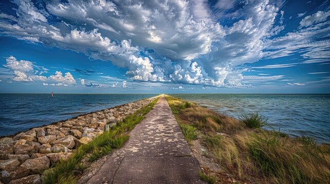 A picturesque walking path along the Gulf Coast near Corpus Christi Texas stretches endlessly towards the horizon eventually leading to a jetty that extends into the ocean