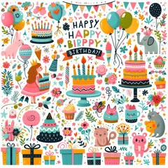 A large collection of birthday objects image attractive lively card design illustrator.
