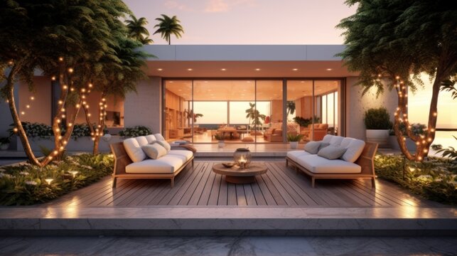 Fototapeta a luxury house with a modern design located by the swimming pool. Beautiful natural views can be seen around it at sunset.