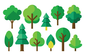 Set of trees for summer nature. Park and forest with green leaves. Plants of different shapes. Cartoon flat illustration