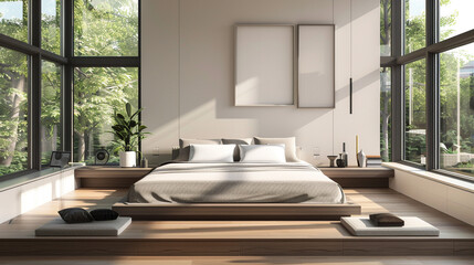  A modern minimalist bedroom with clean lines, a platform bed, and sleek furnishings, bathed in natural light from large windows