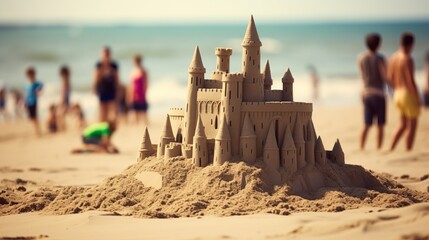 A sandcastle on the beach and blurred people in the background
