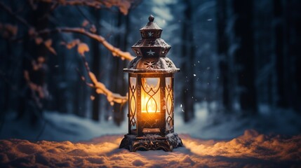 A Christmas lantern in a forest on snow