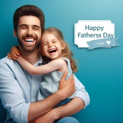 Happy Fathers Day banner background with a young dad and little daughter hugging and laughing
