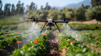 A drone is flying over a field of green plants.