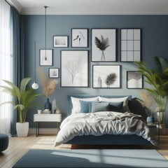 Bedroom sets have template mockup poster empty white with Bedroom interior and plants image art realistic photo attractive.
