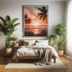 Bedroom sets have template mockup poster empty white with Bedroom interior and plants art realistic photo photo attractive.