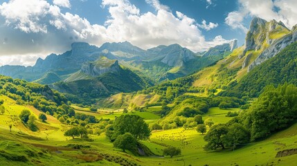 Obraz premium Majestic view of beautiful lush green valley and colorful grass against picturesque. generative aiMajestic view of beautiful lush green valley and colorful grass against picturesque. generative ai