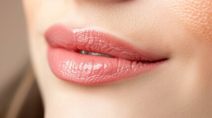 Fototapeta premium Closeup view of beautiful plump female lips, subtly enhanced by natural makeup, Ai Generated