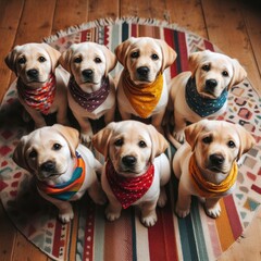 Many puppies wearing bandanas image art photo harmony card design illustrator.