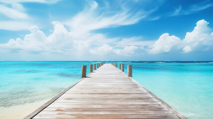 Obraz premium Long Wooden Pier Extending into Calm Blue Waters