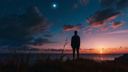 Fototapeta premium Lone man meditates by the ocean under a starlit sky, Ai Generated