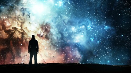 Fototapeta premium Man meditates against cosmic universe backdrop, Ai Generated