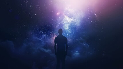Man meditates against cosmic universe backdrop, Ai Generated