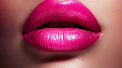 Obraz premium Lush pink lipstick on womans lips, vibrant and glossy, Ai Generated