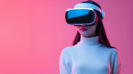 Young Asian gamer explores virtual worlds with a sleek VR headset, vibrant pink backdrop, Ai Generated