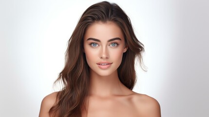 Fototapeta premium Young, beautiful woman smiling directly at the camera, isolated on white, Ai Generated