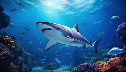 Obraz premium Great white shark in the ocean, portrait of White shark hunting prey in the underwater