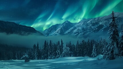 Aurora borealis over the frosty forest. Green northern lights above mountains. generative ai
